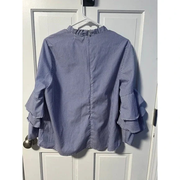 Mello Day Blue White Striped Mock Neck Tiered Ruffle Bell Sleeve Top XL - Picture 3 of 7